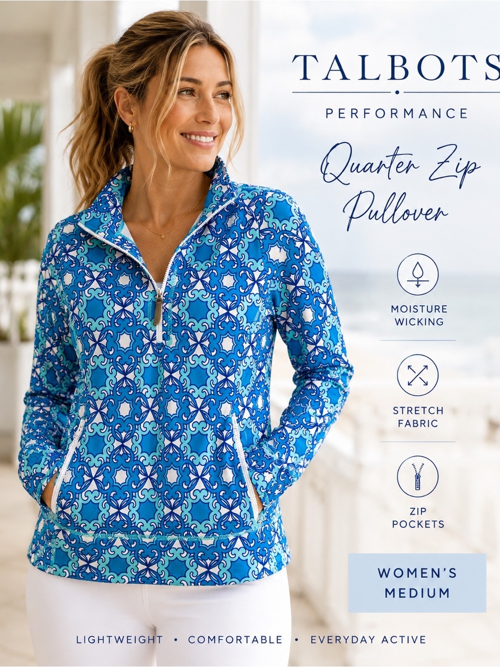 Talbots Blue Geometric Quarter Zip Pullover | Women’s Medium | Athletic
